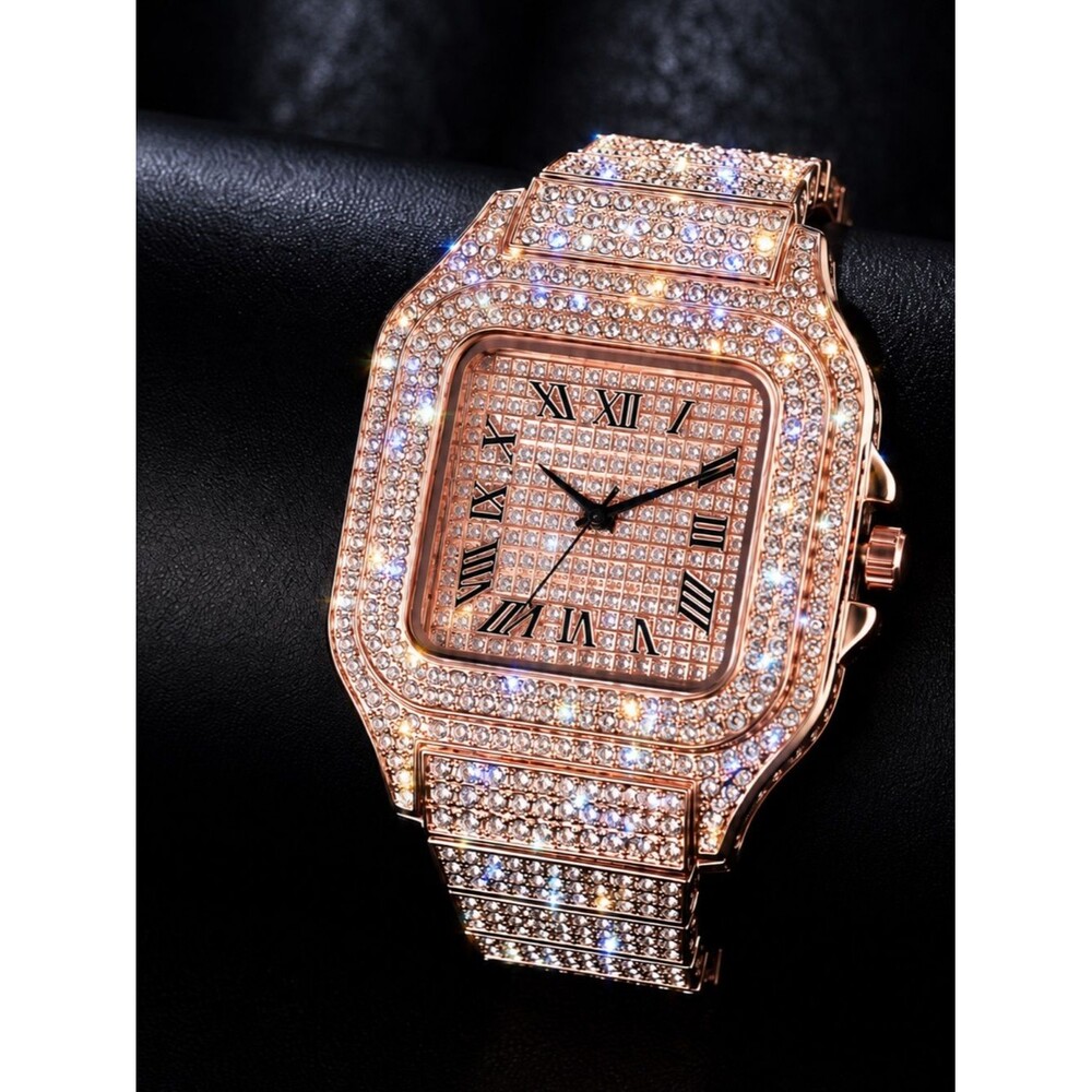 Iced Out VVS Simulated Diamond Rose Gold Stainless Steel Watch Pave Fully Iced